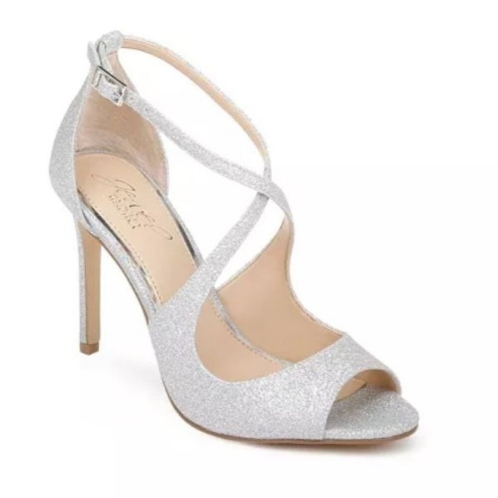 JEWEL BADGLEY JONNA MISCHKA WHITE SHIMMER SPARKLE ANKLE CRISSCROSS HEEL PEEP TOE